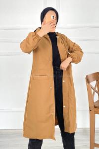 Modalamelif Çift Cepli Önü Fermuar Detaylı Kapüşonlu Trenç Camel