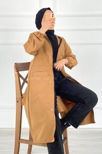 Modalamelif Çift Cepli Önü Fermuar Detaylı Kapüşonlu Trenç Camel