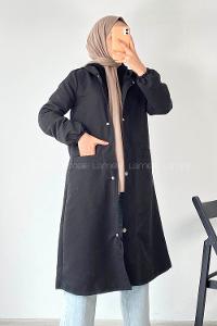 Modalamelif Çift Cepli Önü Fermuar Detaylı Kapüşonlu Trenç Siyah