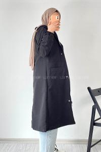Modalamelif Çift Cepli Önü Fermuar Detaylı Kapüşonlu Trenç Siyah