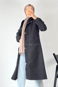 Modalamelif Çift Cepli Önü Fermuar Detaylı Kapüşonlu Trenç Siyah