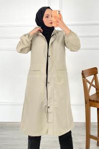 Modalamelif Çift Cepli Önü Fermuar Detaylı Kapüşonlu Trenç Taşrengi