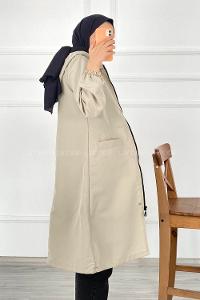 Modalamelif Çift Cepli Önü Fermuar Detaylı Kapüşonlu Trenç Taşrengi