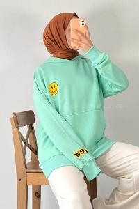 Modalamelif Drew Yazı Baskıılı Kapüşonlu Kanguru Cepli Sweat Su Yeşili