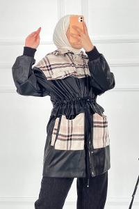 Modalamelif Ekose ve Deri Garnili Kapüşon Detaylı Ceket Taş-Pudra