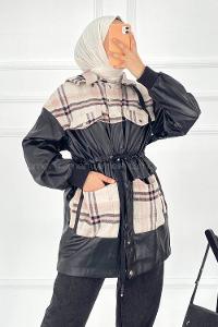 Modalamelif Ekose ve Deri Garnili Kapüşon Detaylı Ceket Taş-Pudra