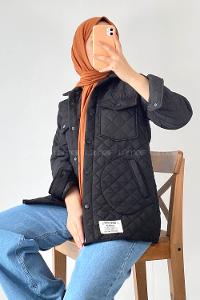 Modalamelif Kapitone Desenli Çift Kapak Cepli Çıtçıt  Düğmeli Ceket Siyah