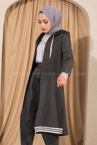 Modalamelif Kapüşonlu Ara Boy Etek Ucu Ribanalı Hırka Antrasit