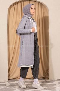 Modalamelif Kapüşonlu Ara Boy Etek Ucu Ribanalı Hırka Gri