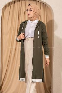 Modalamelif Kapüşonlu Ara Boy Etek Ucu Ribanalı Hırka Haki