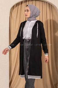 Modalamelif Kapüşonlu Ara Boy Etek Ucu Ribanalı Hırka Siyah