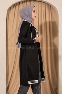 Modalamelif Kapüşonlu Ara Boy Etek Ucu Ribanalı Hırka Siyah