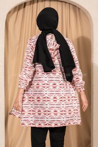 Modalamelif Kapüşonlu Boydan Fermuarlı Etnik Hırka Lila-Kırmızı