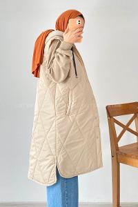 Modalamelif Kapüşonlu Çift Cepli Çıtçıt Düğme Şişme Mont Yelek Bej
