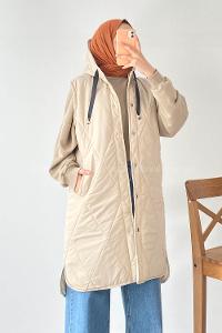 Modalamelif Kapüşonlu Çift Cepli Çıtçıt Düğme Şişme Mont Yelek Bej