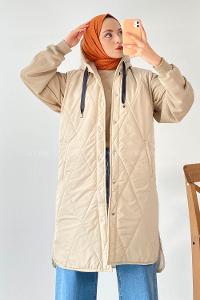 Modalamelif Kapüşonlu Çift Cepli Çıtçıt Düğme Şişme Mont Yelek Bej