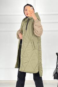 f Kapüşonlu Çift Cepli Çıtçıt Düğme Şişme Mont Yelek Haki