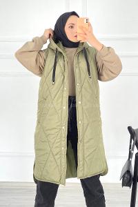 f Kapüşonlu Çift Cepli Çıtçıt Düğme Şişme Mont Yelek Haki