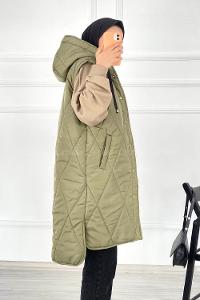 f Kapüşonlu Çift Cepli Çıtçıt Düğme Şişme Mont Yelek Haki