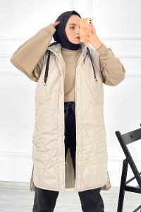 Modalamelif Kapüşonlu Çift Cepli Çıtçıt Düğme Şişme Mont Yelek Taş