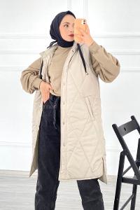 Modalamelif Kapüşonlu Çift Cepli Çıtçıt Düğme Şişme Mont Yelek Taş