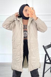 Modalamelif Kapüşonlu Çift Cepli Çıtçıt Düğme Şişme Mont Yelek Taşrengi