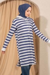 Modalamelif  Kapüşonlu Çizgi Şeritli Yırtmaçlı Tunik Beyaz -Mavi