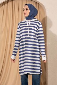 Modalamelif  Kapüşonlu Çizgi Şeritli Yırtmaçlı Tunik Beyaz -Mavi