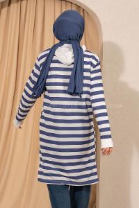 Modalamelif  Kapüşonlu Çizgi Şeritli Yırtmaçlı Tunik Beyaz -Mavi