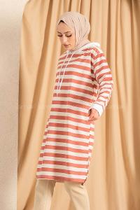 Modalamelif  Kapüşonlu Çizgi Şeritli Yırtmaçlı Tunik Beyaz-Pembe