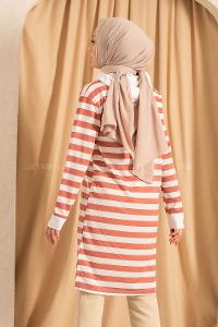 Modalamelif  Kapüşonlu Çizgi Şeritli Yırtmaçlı Tunik Beyaz-Pembe