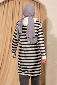 Modalamelif  Kapüşonlu Çizgi Şeritli Yırtmaçlı Tunik Beyaz -Siyah