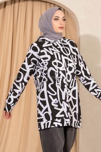 Modalamelif  Kapüşonlu Desenli  Tunik Siyah