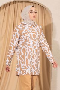 Modalamelif  Kapüşonlu Desenli  Tunik Sütlükahve