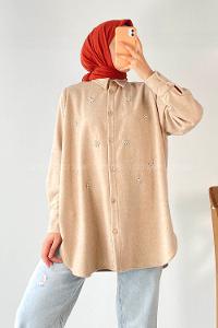 Modalamelif Önü Boydan Düğmeli Taşlı Oduncu Gömlek Bej