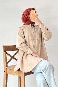 Modalamelif Önü Boydan Düğmeli Taşlı Oduncu Gömlek Bej