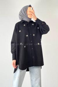 Modalamelif Önü Boydan Düğmeli Taşlı Oduncu Gömlek Siyah