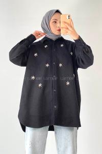 Modalamelif Önü Boydan Düğmeli Taşlı Oduncu Gömlek Siyah