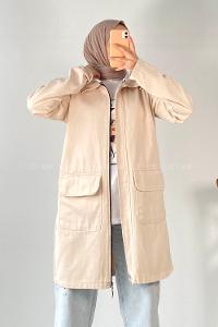 Modalamelif Önü Boydan Fermuarlı Kapak Cep Kapüşon Detaylı Gabardin Ceket Bej