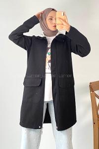 Modalamelif Önü Boydan Fermuarlı Kapak Cep Kapüşon Detaylı Gabardin Ceket Siyah