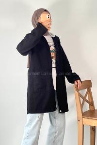 Modalamelif Önü Boydan Fermuarlı Kapak Cep Kapüşon Detaylı Gabardin Ceket Siyah