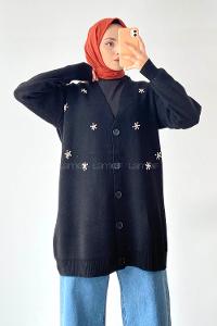 Modalamelif Önü Düğmeli Taş İşlemeli Triko Hırka Siyah