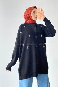 Modalamelif Önü Düğmeli Taş İşlemeli Triko Hırka Siyah