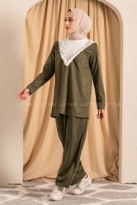 Modalamelif Önü Fırfırlı Garnili  İkili Takım Haki