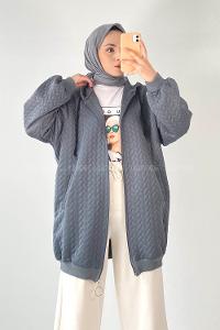 Modalamelif Saç Örgü Kapüşon Detaylı Çift Cepli Hırka Füme