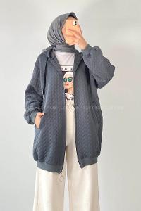 Modalamelif Saç Örgü Kapüşon Detaylı Çift Cepli Hırka Füme