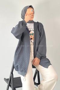 Modalamelif Saç Örgü Kapüşon Detaylı Çift Cepli Hırka Füme