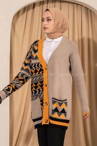 Modalamelif V Yaka Önü Düğmeli Renk Garnili Etnik Desen Triko Hırka Bej