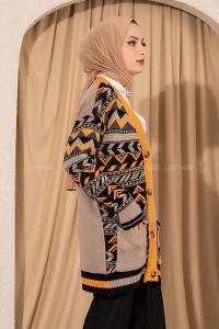 Modalamelif V Yaka Önü Düğmeli Renk Garnili Etnik Desen Triko Hırka Bej