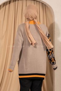 Modalamelif V Yaka Önü Düğmeli Renk Garnili Etnik Desen Triko Hırka Bej